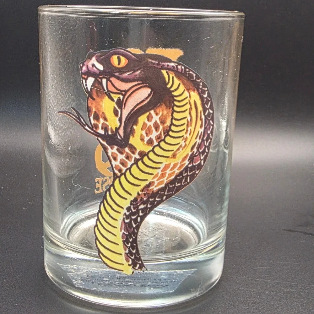 Ed Hardy Whiskey Glasses Set of 3 Clear Gold Tattoo Art Tiger Cobra Gorilla Good